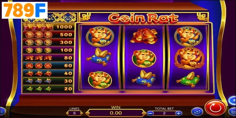 Biểu tượng đồng xu vàng, bánh xe số mệnh và chú chuột may mắn trong Coin Rat 